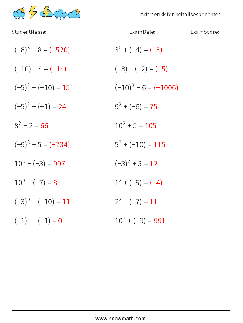 Aritmetikk for heltallsexponenter MathWorksheets 7 QuestionAnswer