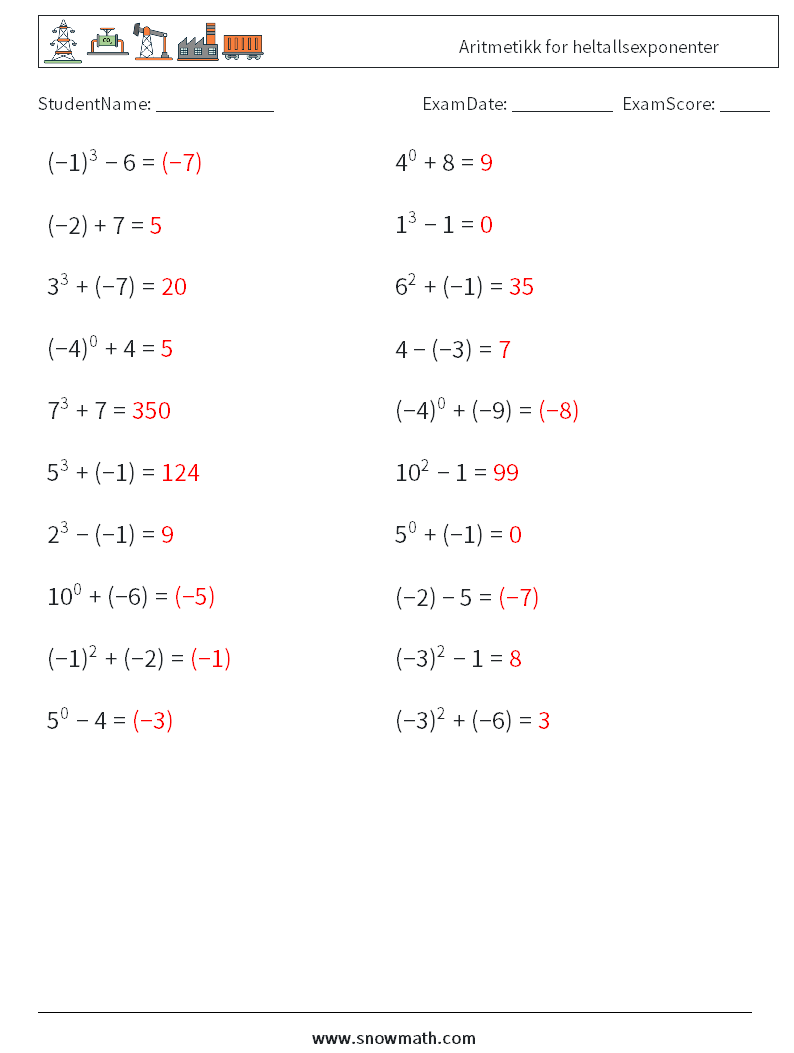 Aritmetikk for heltallsexponenter MathWorksheets 8 QuestionAnswer