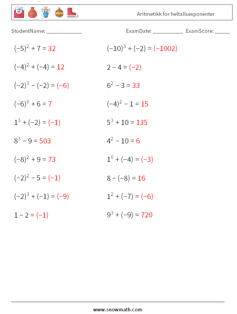 Aritmetikk for heltallsexponenter MathWorksheets 9 QuestionAnswer