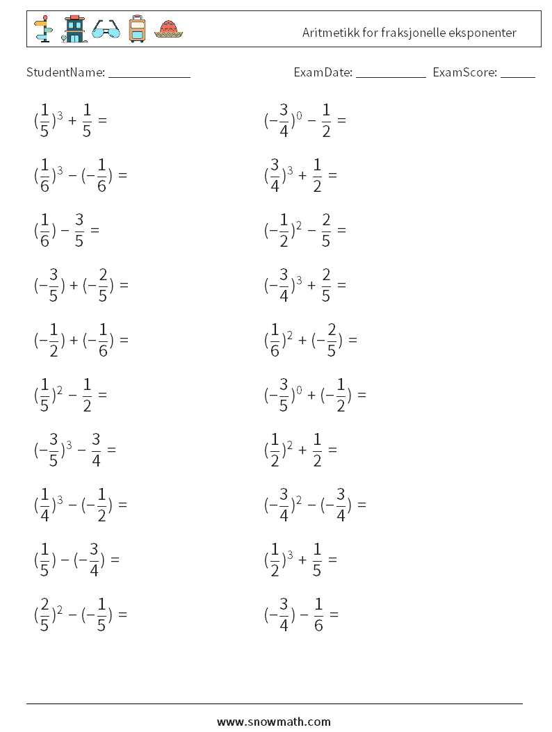 Aritmetikk for fraksjonelle eksponenter MathWorksheets 1