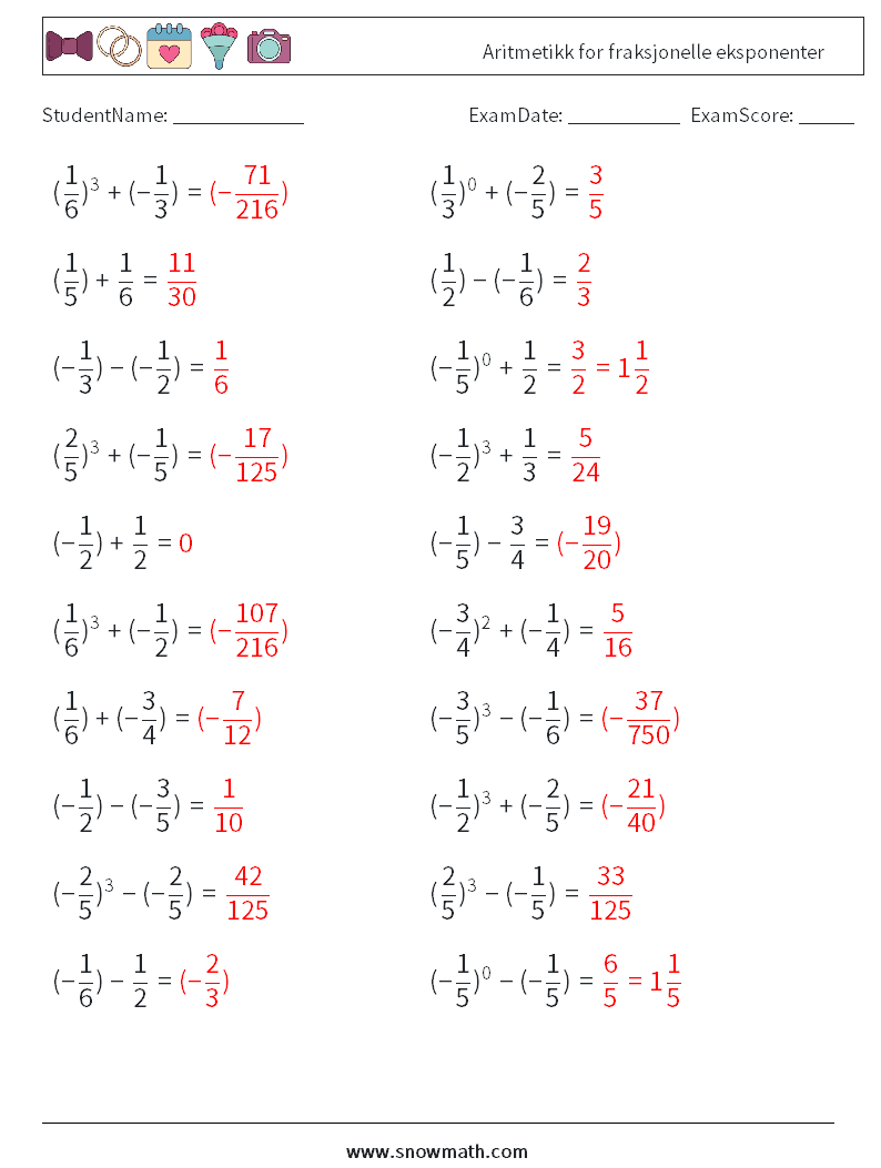 Aritmetikk for fraksjonelle eksponenter MathWorksheets 2 QuestionAnswer