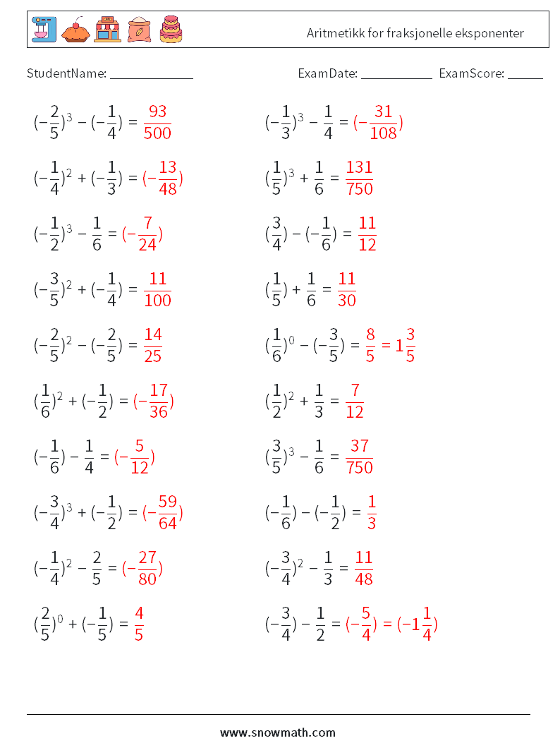 Aritmetikk for fraksjonelle eksponenter MathWorksheets 4 QuestionAnswer