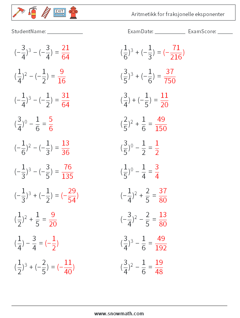 Aritmetikk for fraksjonelle eksponenter MathWorksheets 5 QuestionAnswer