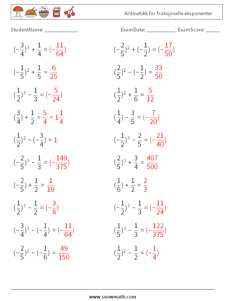 Aritmetikk for fraksjonelle eksponenter MathWorksheets 6 QuestionAnswer