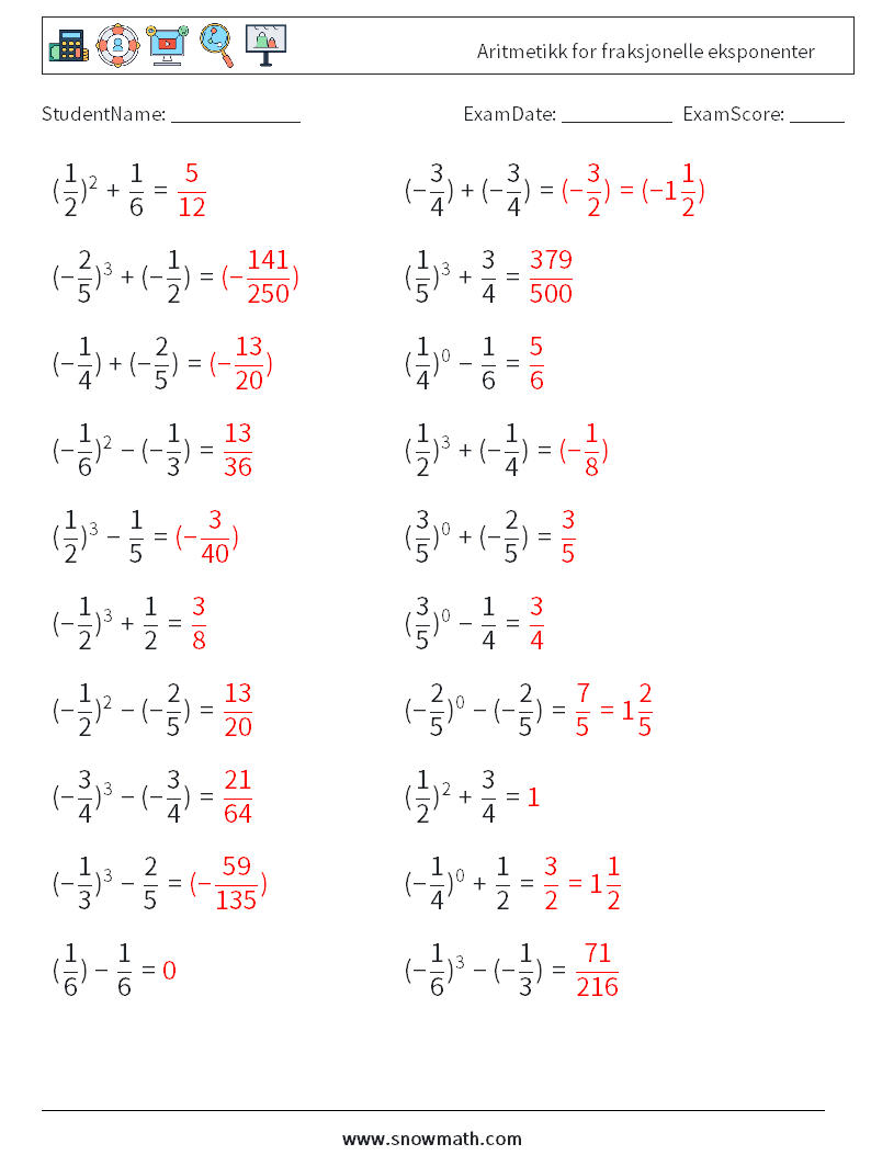 Aritmetikk for fraksjonelle eksponenter MathWorksheets 7 QuestionAnswer