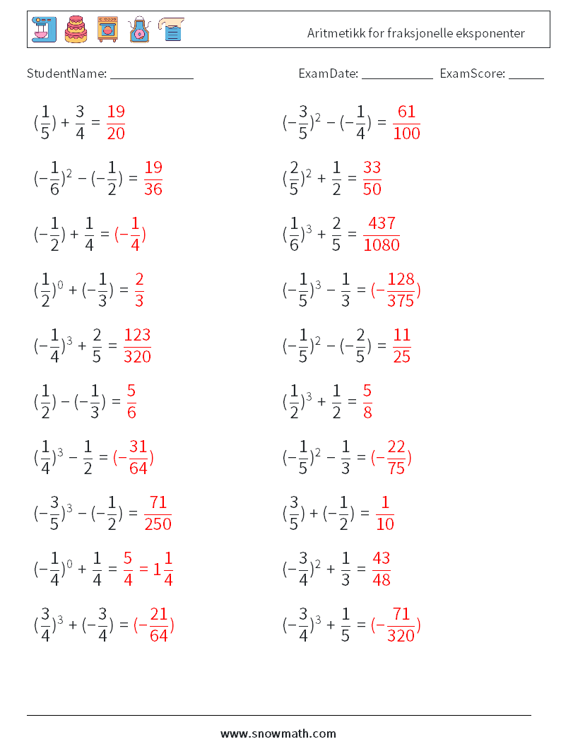 Aritmetikk for fraksjonelle eksponenter MathWorksheets 9 QuestionAnswer