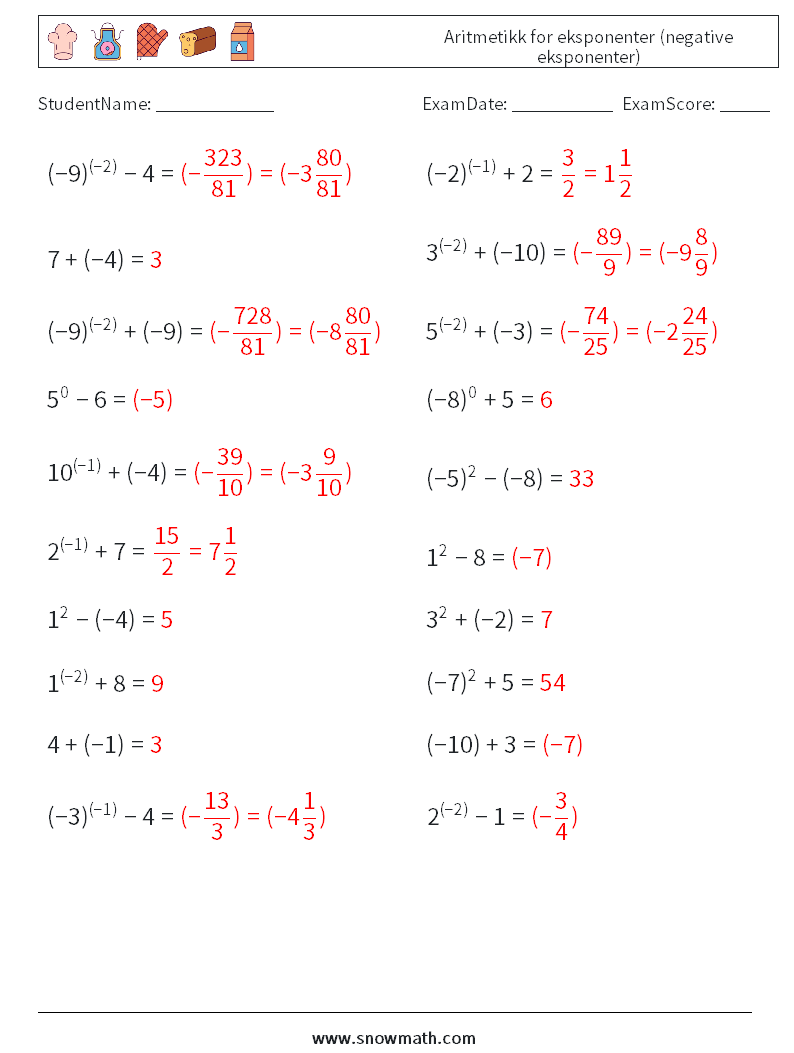  Aritmetikk for eksponenter (negative eksponenter) MathWorksheets 1 QuestionAnswer
