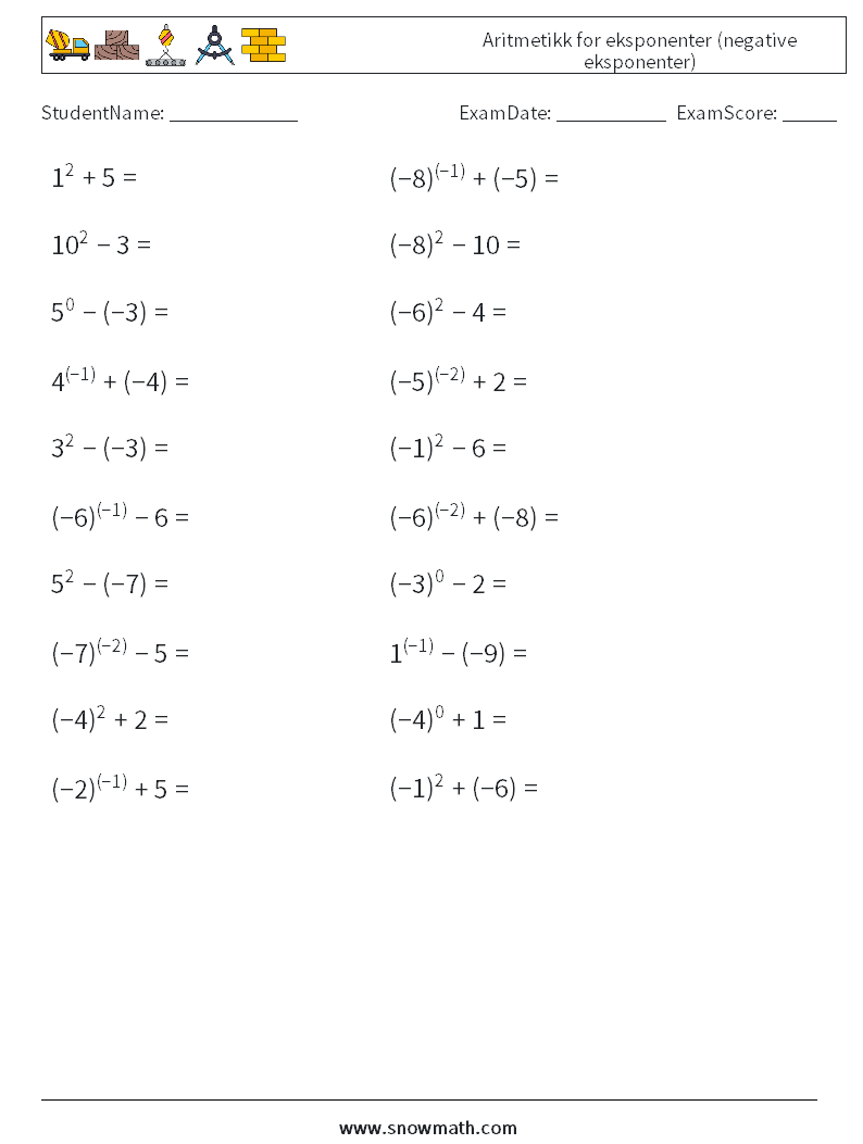  Aritmetikk for eksponenter (negative eksponenter) MathWorksheets 2