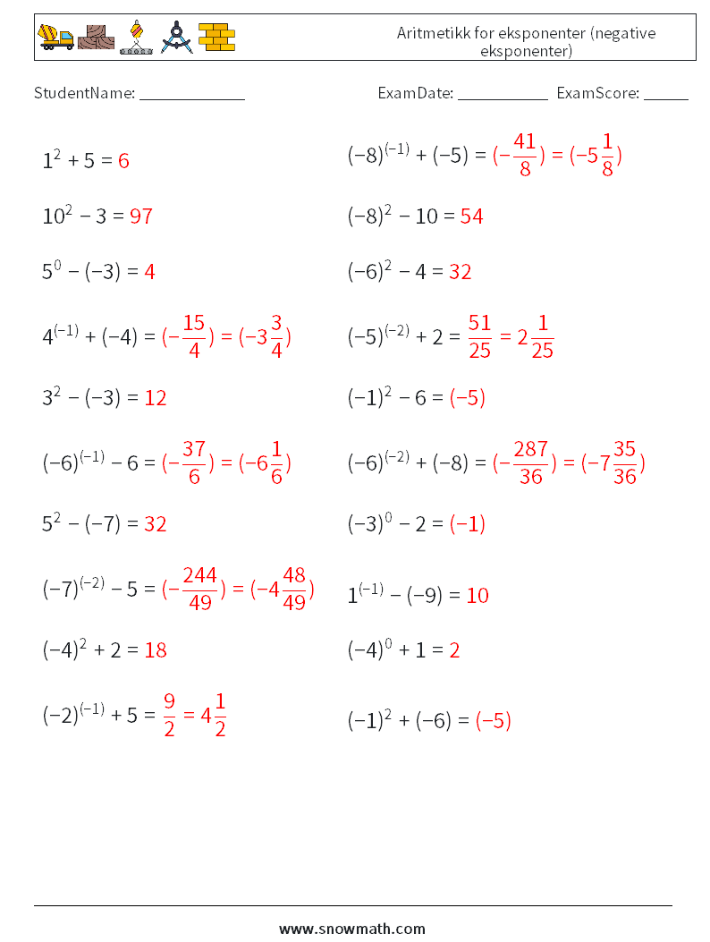  Aritmetikk for eksponenter (negative eksponenter) MathWorksheets 2 QuestionAnswer
