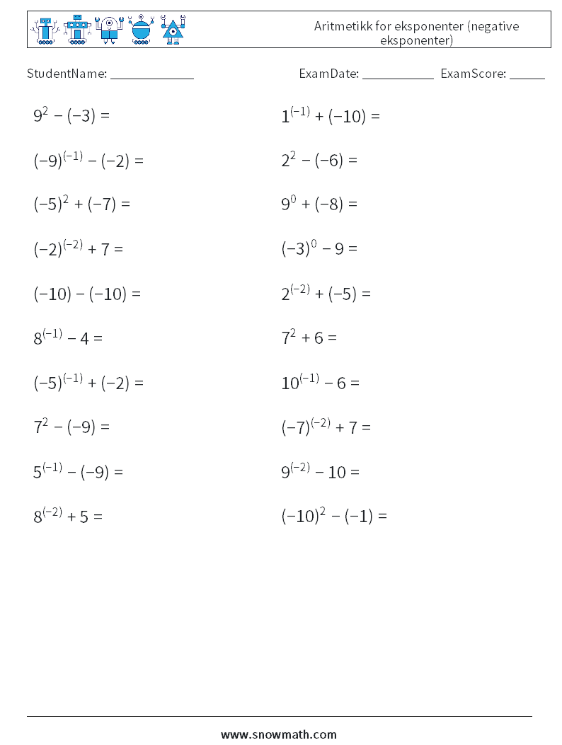  Aritmetikk for eksponenter (negative eksponenter) MathWorksheets 3