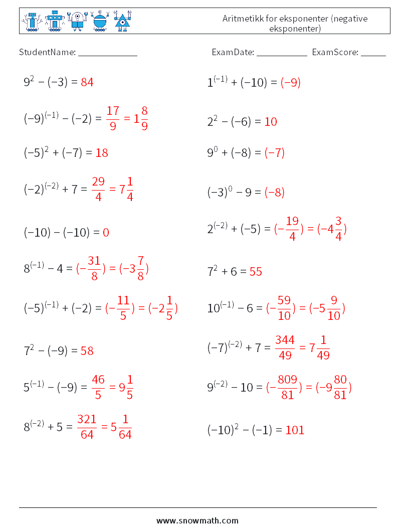  Aritmetikk for eksponenter (negative eksponenter) MathWorksheets 3 QuestionAnswer