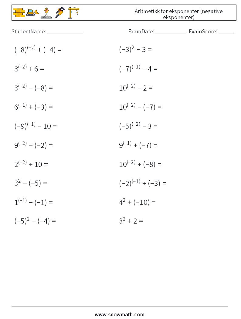  Aritmetikk for eksponenter (negative eksponenter) MathWorksheets 4