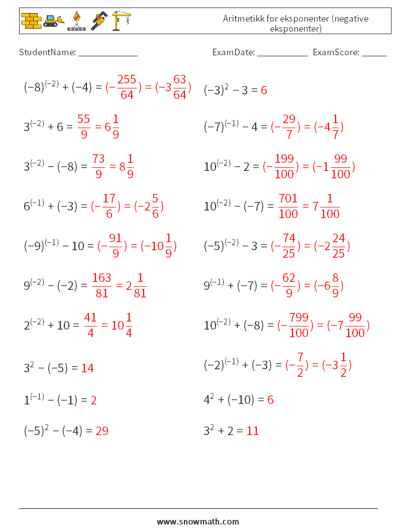  Aritmetikk for eksponenter (negative eksponenter) MathWorksheets 4 QuestionAnswer