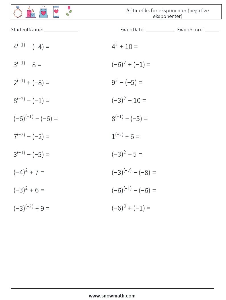  Aritmetikk for eksponenter (negative eksponenter) MathWorksheets 5