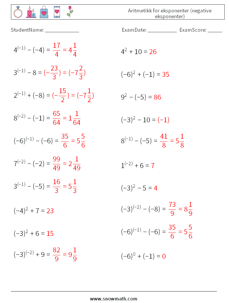  Aritmetikk for eksponenter (negative eksponenter) MathWorksheets 5 QuestionAnswer