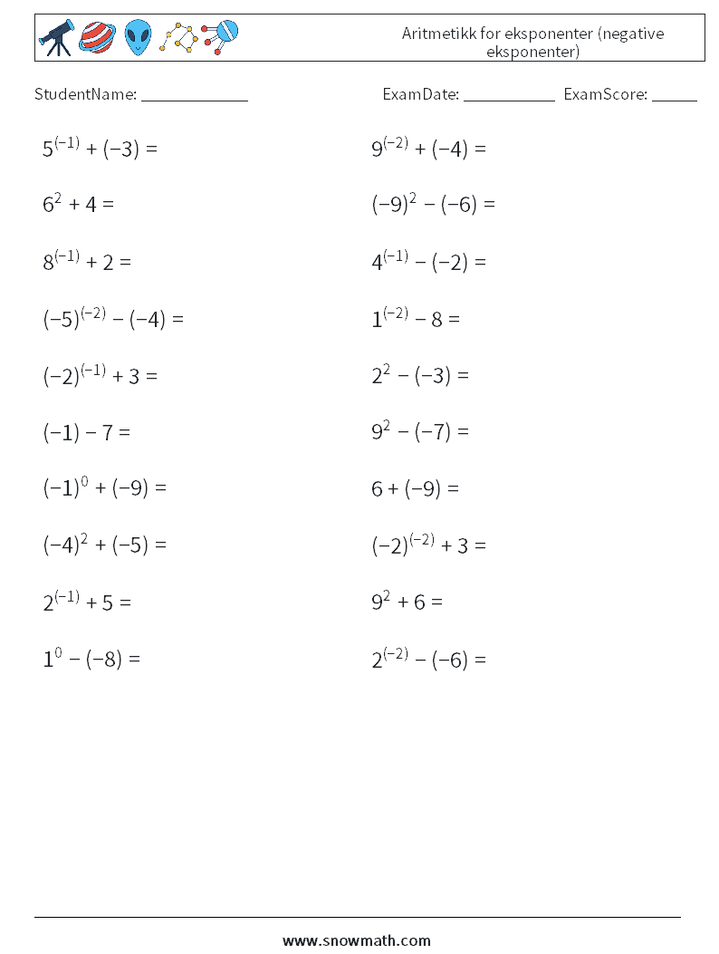  Aritmetikk for eksponenter (negative eksponenter) MathWorksheets 6