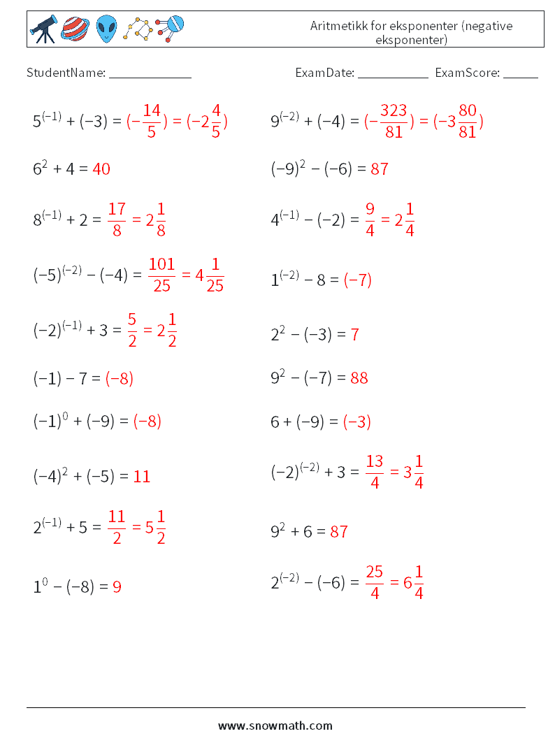  Aritmetikk for eksponenter (negative eksponenter) MathWorksheets 6 QuestionAnswer