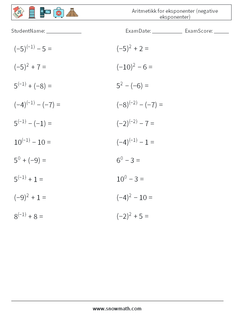  Aritmetikk for eksponenter (negative eksponenter) MathWorksheets 7