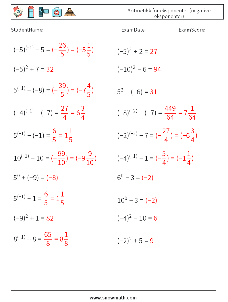  Aritmetikk for eksponenter (negative eksponenter) MathWorksheets 7 QuestionAnswer