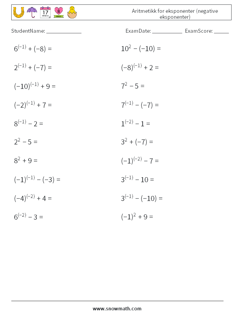 Aritmetikk for eksponenter (negative eksponenter) MathWorksheets 8