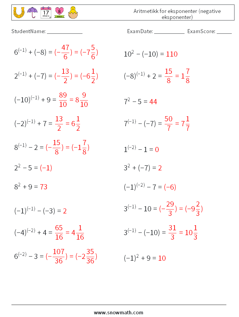  Aritmetikk for eksponenter (negative eksponenter) MathWorksheets 8 QuestionAnswer