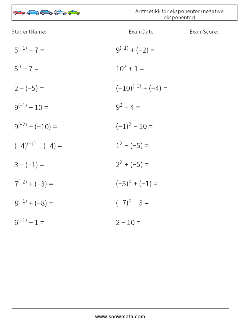  Aritmetikk for eksponenter (negative eksponenter) MathWorksheets 9