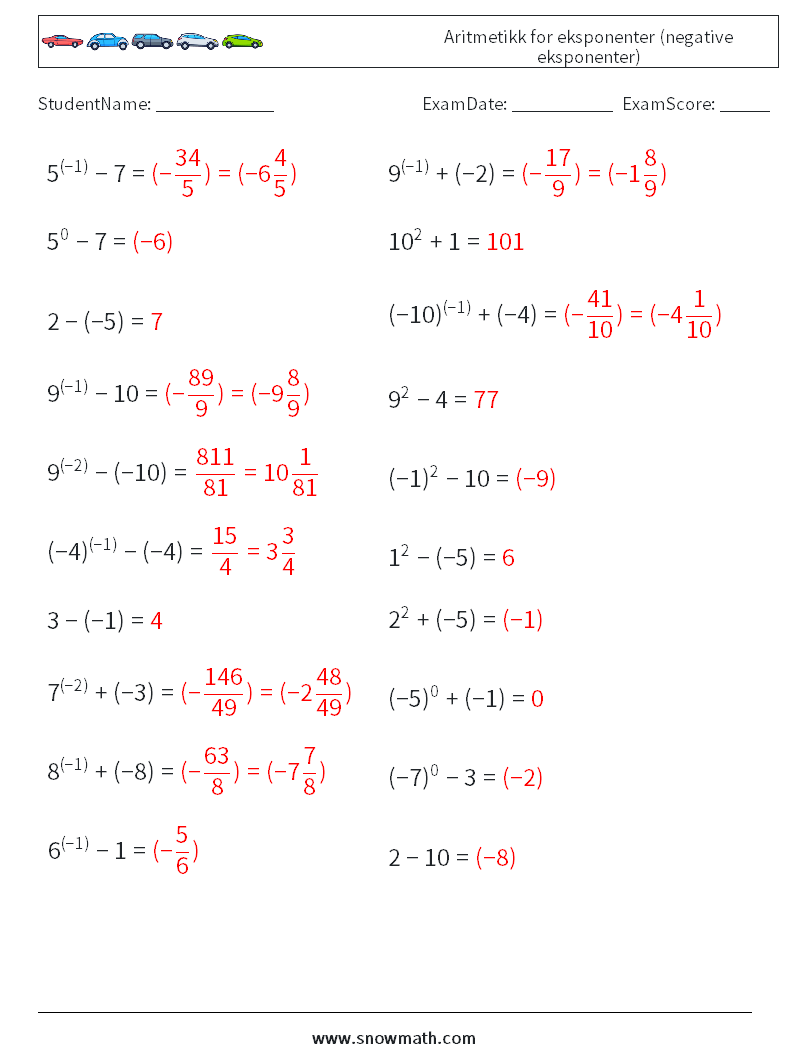  Aritmetikk for eksponenter (negative eksponenter) MathWorksheets 9 QuestionAnswer