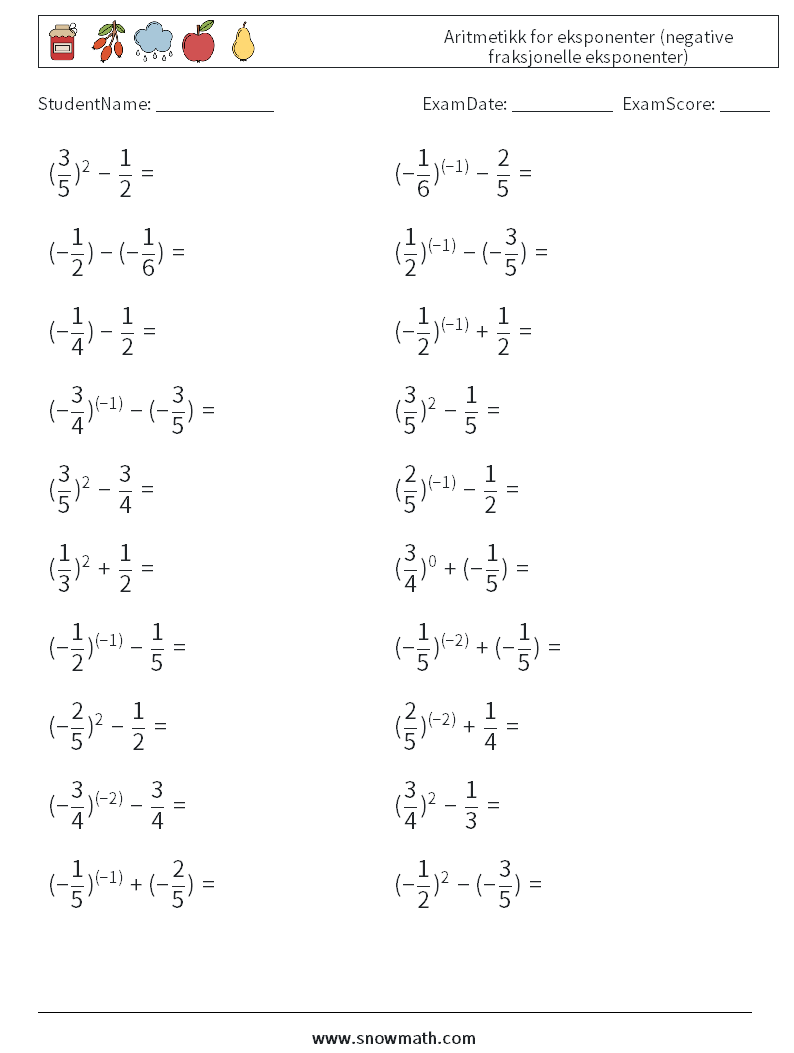  Aritmetikk for eksponenter (negative fraksjonelle eksponenter) MathWorksheets 1