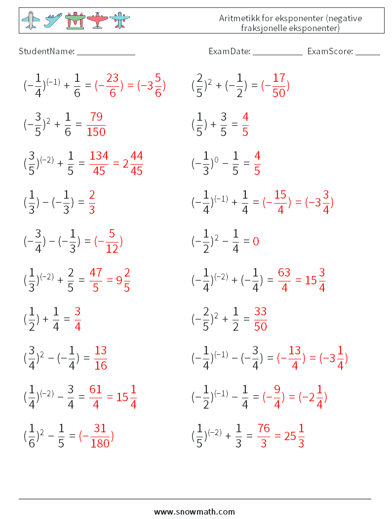  Aritmetikk for eksponenter (negative fraksjonelle eksponenter) MathWorksheets 4 QuestionAnswer
