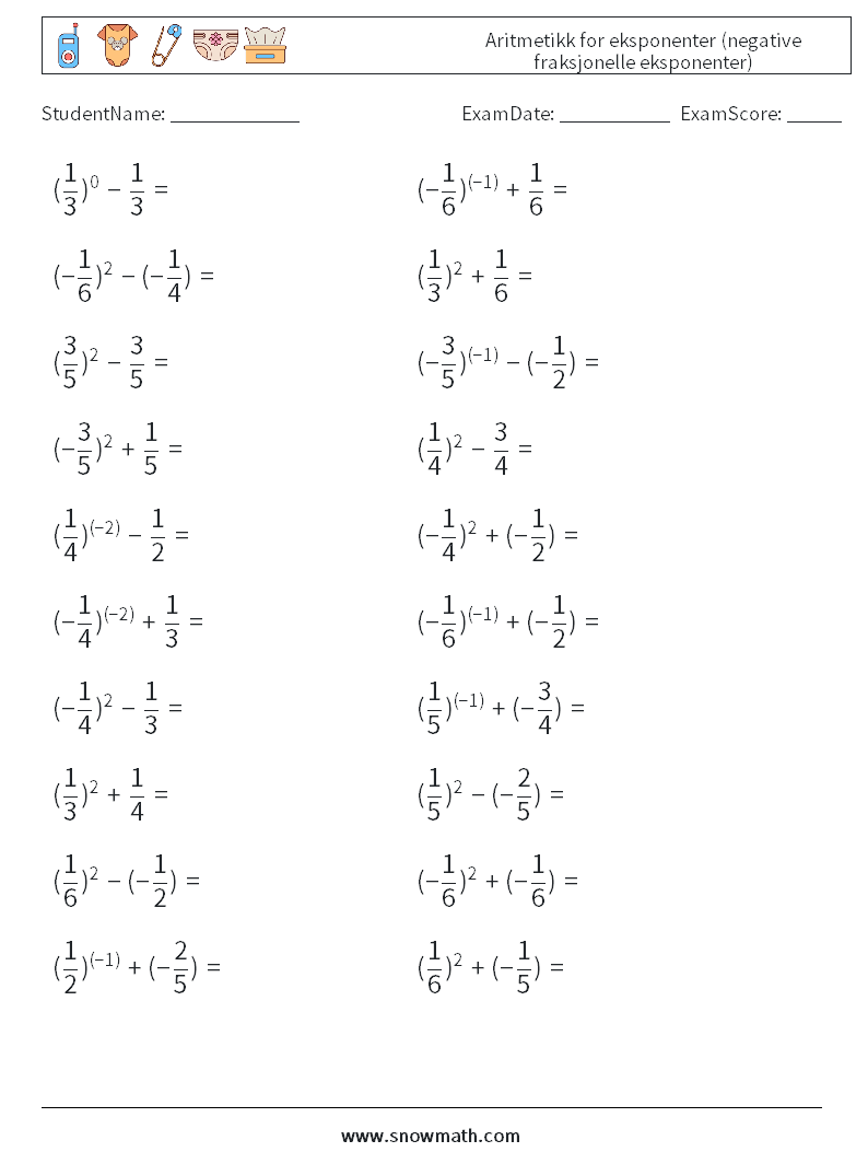  Aritmetikk for eksponenter (negative fraksjonelle eksponenter) MathWorksheets 6