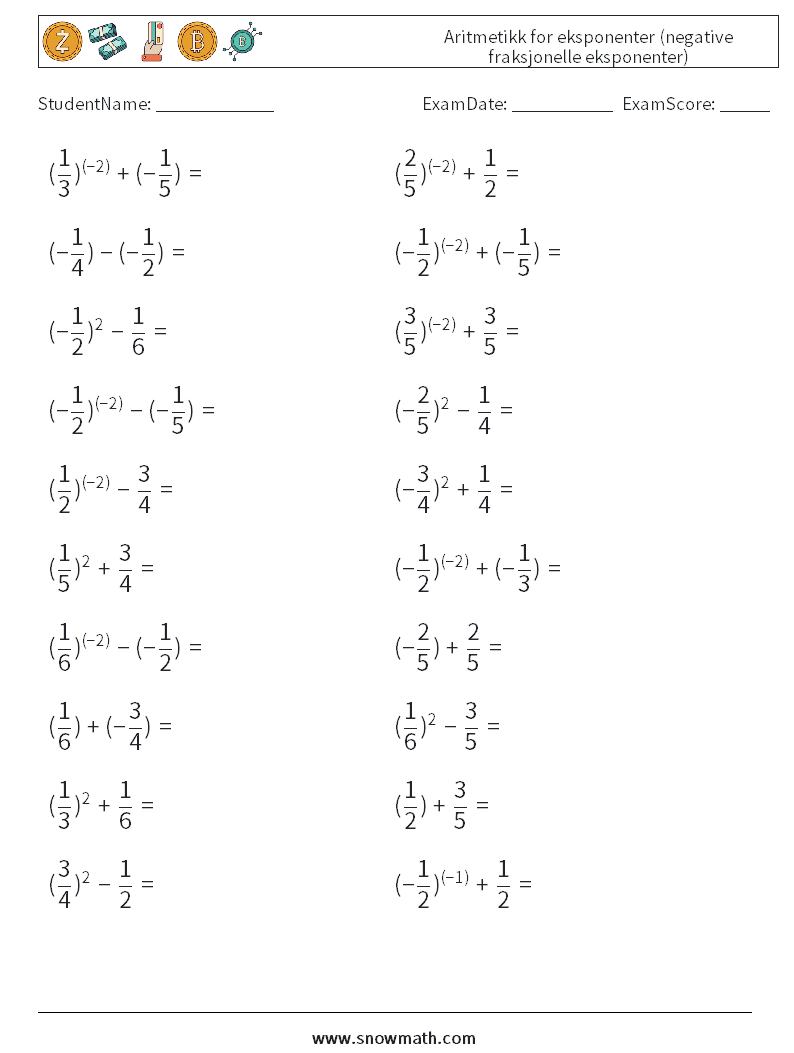  Aritmetikk for eksponenter (negative fraksjonelle eksponenter) MathWorksheets 7