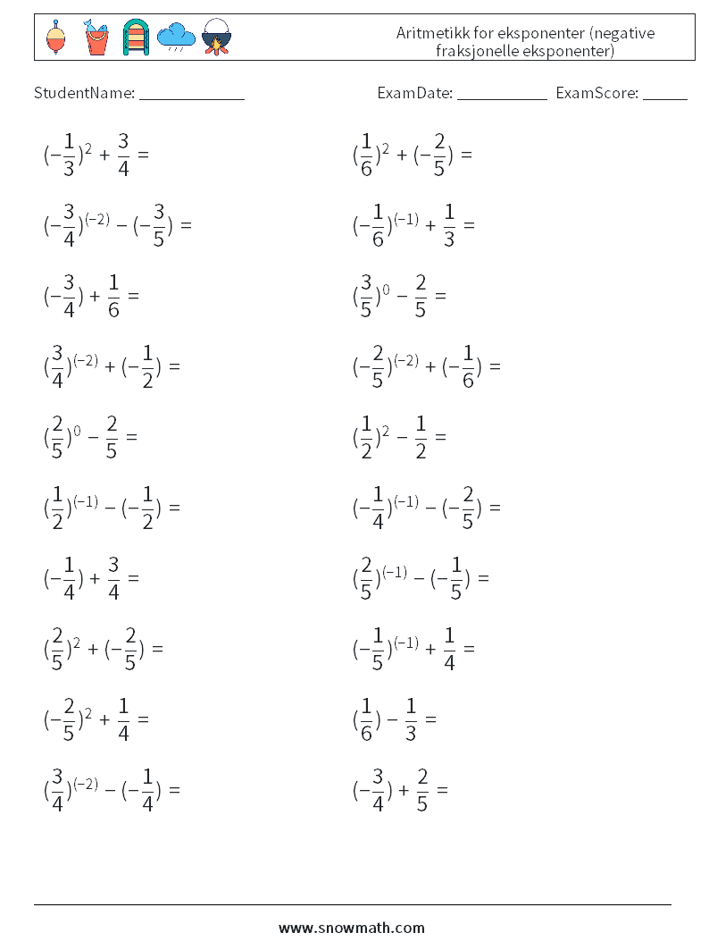  Aritmetikk for eksponenter (negative fraksjonelle eksponenter) MathWorksheets 8