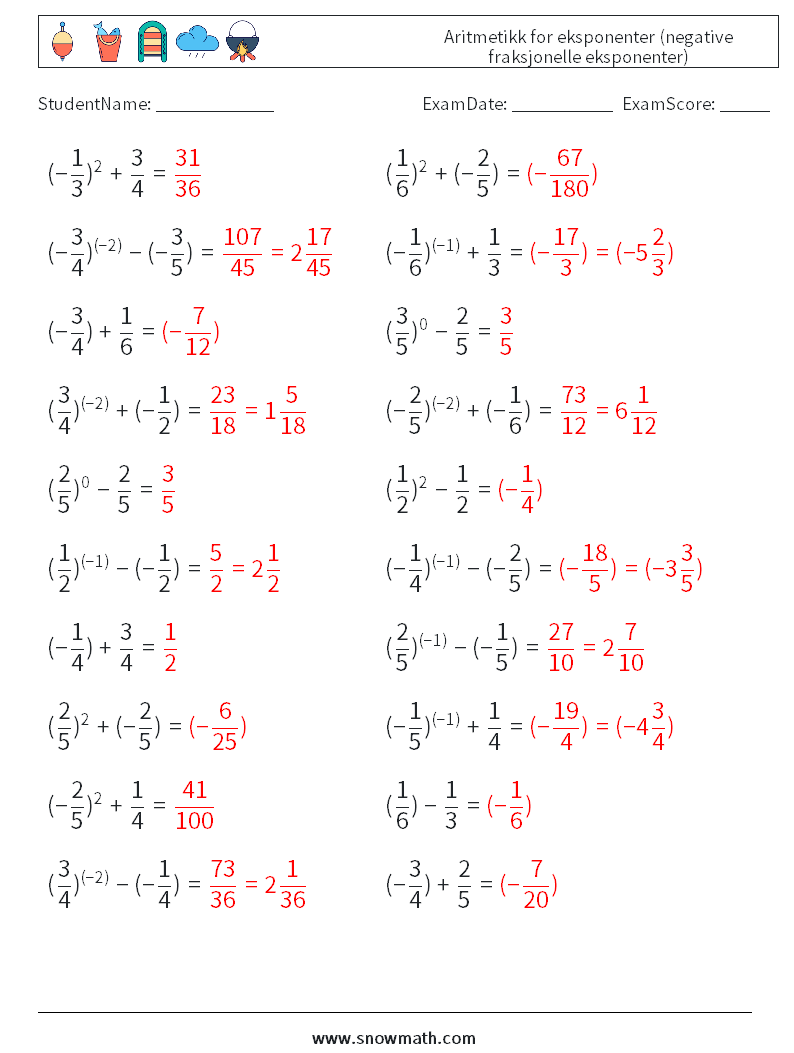  Aritmetikk for eksponenter (negative fraksjonelle eksponenter) MathWorksheets 8 QuestionAnswer