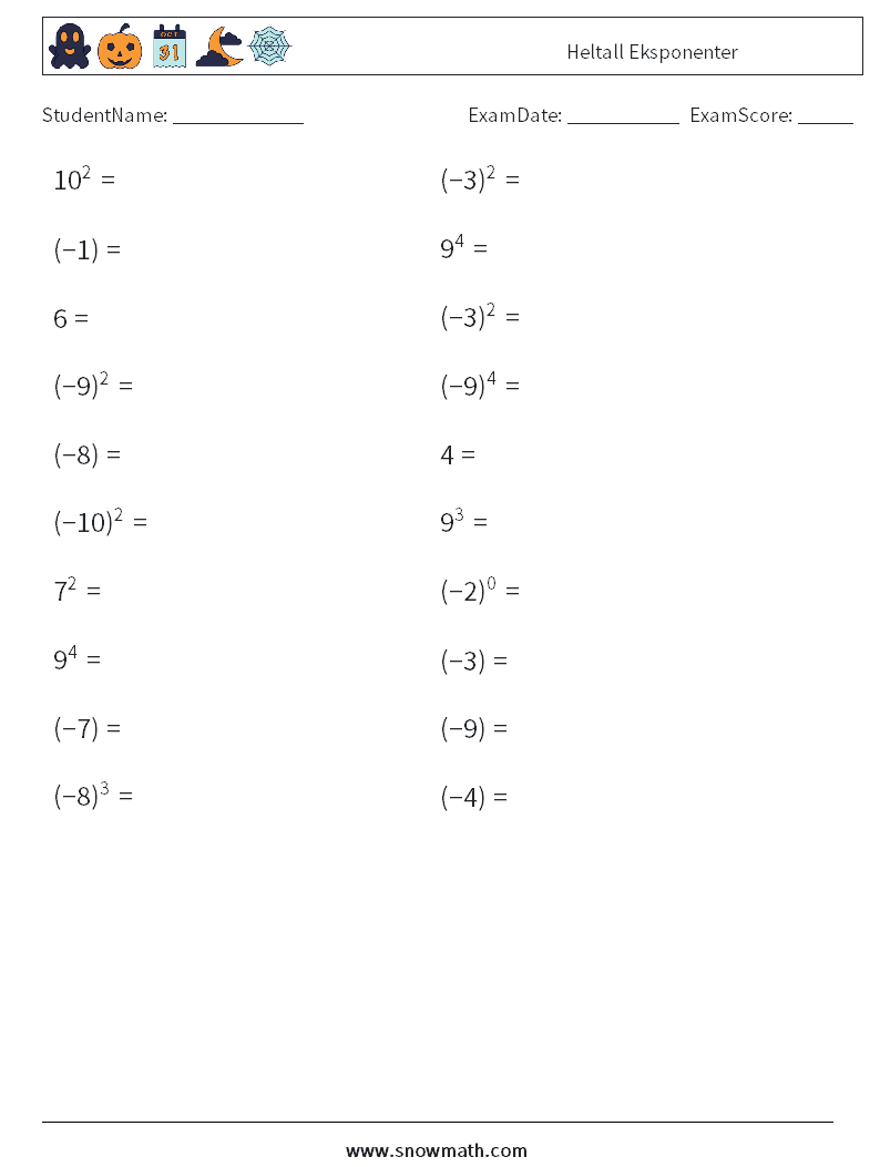 Heltall Eksponenter MathWorksheets 1