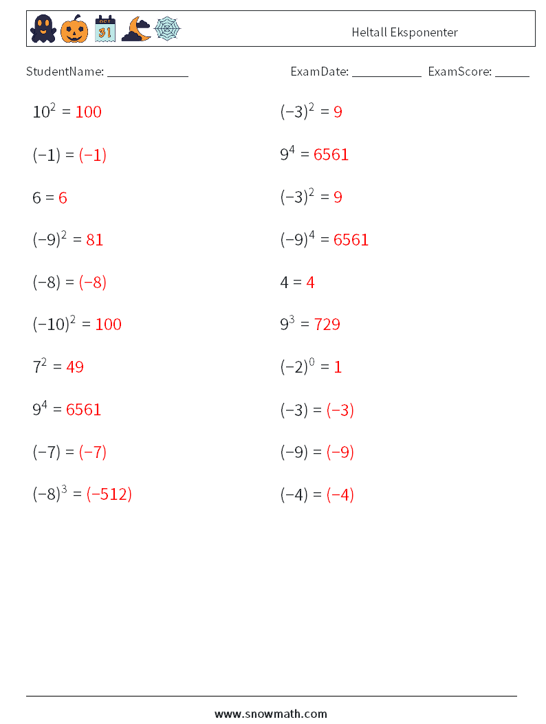 Heltall Eksponenter MathWorksheets 1 QuestionAnswer