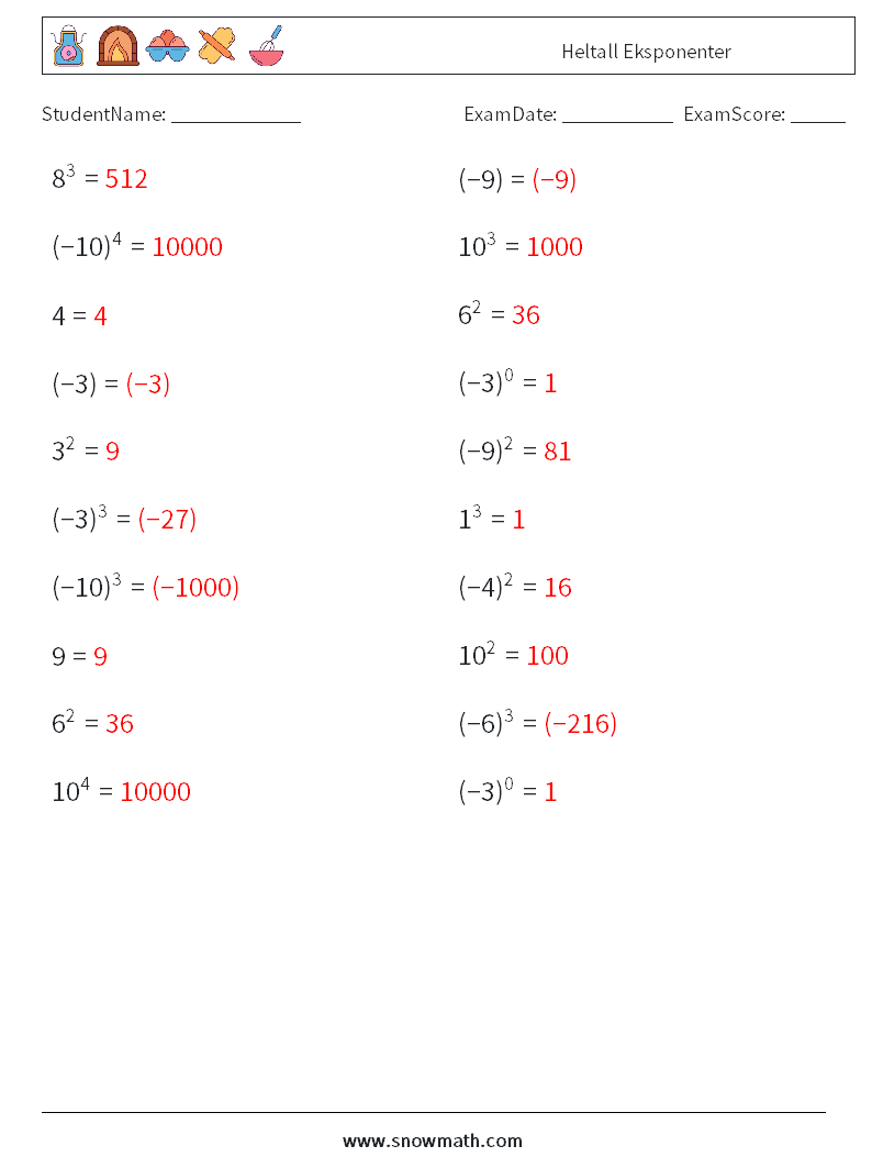 Heltall Eksponenter MathWorksheets 2 QuestionAnswer