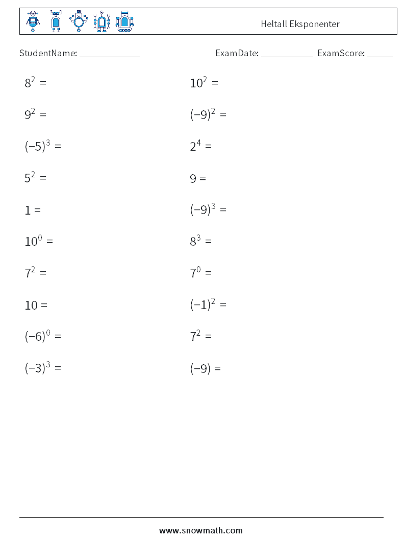 Heltall Eksponenter MathWorksheets 3