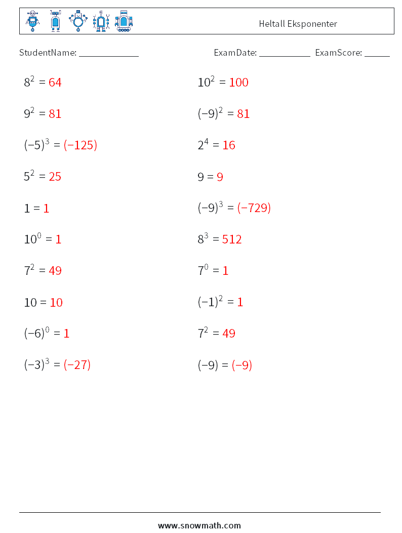 Heltall Eksponenter MathWorksheets 3 QuestionAnswer