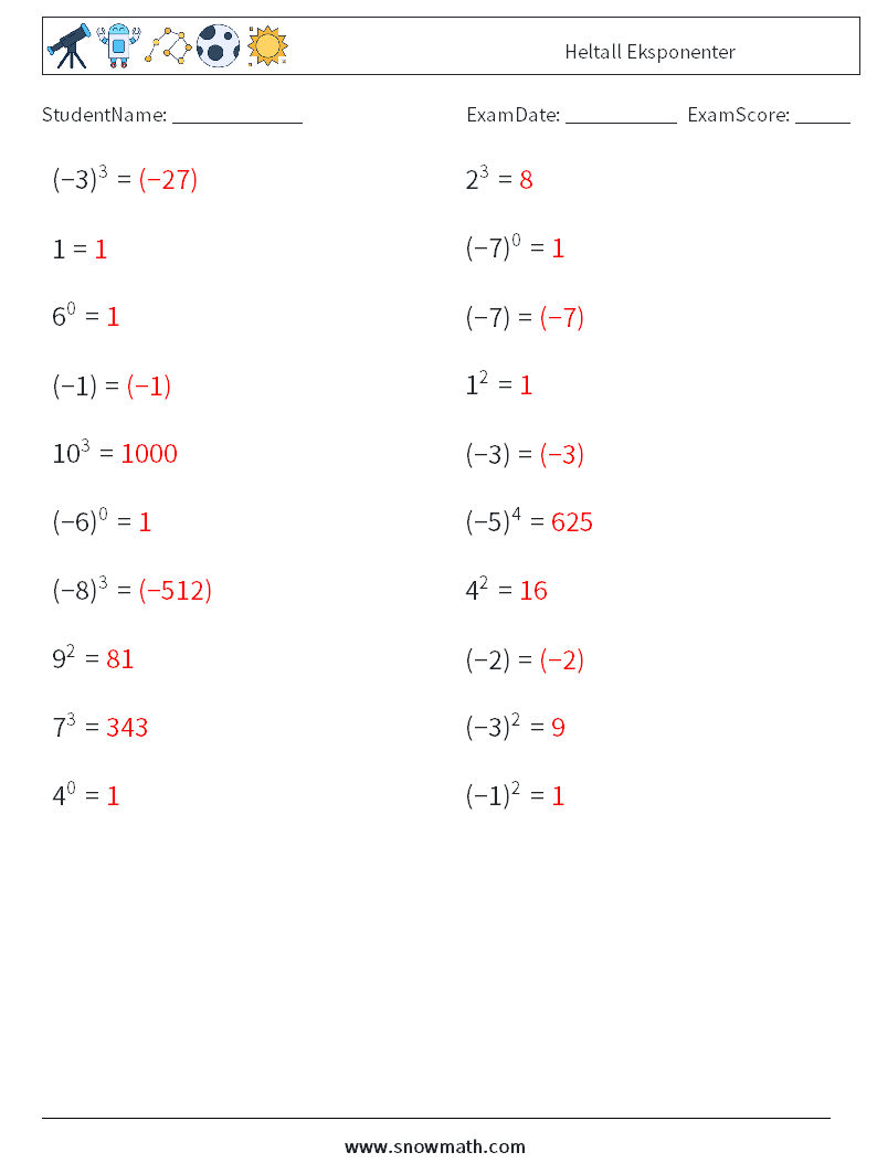 Heltall Eksponenter MathWorksheets 4 QuestionAnswer