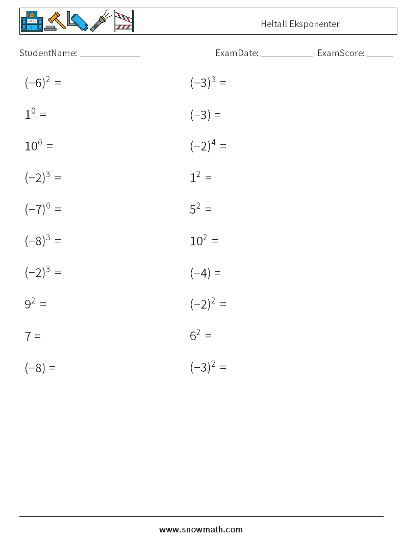 Heltall Eksponenter MathWorksheets 5