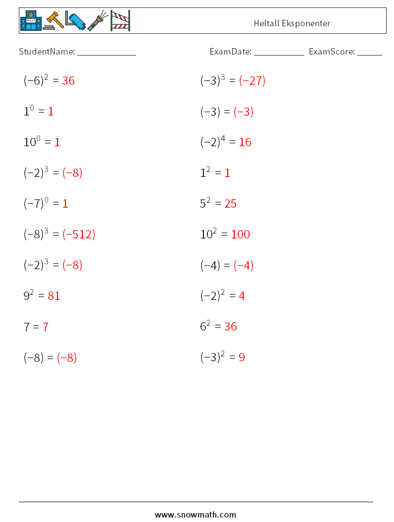 Heltall Eksponenter MathWorksheets 5 QuestionAnswer