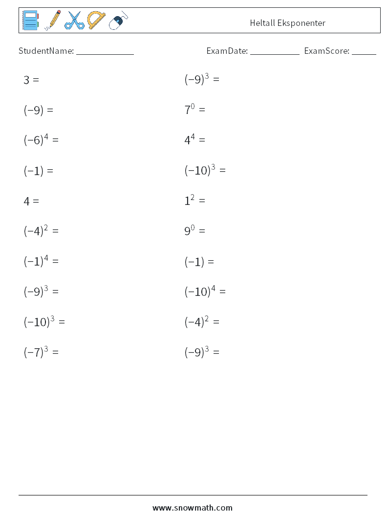 Heltall Eksponenter MathWorksheets 6