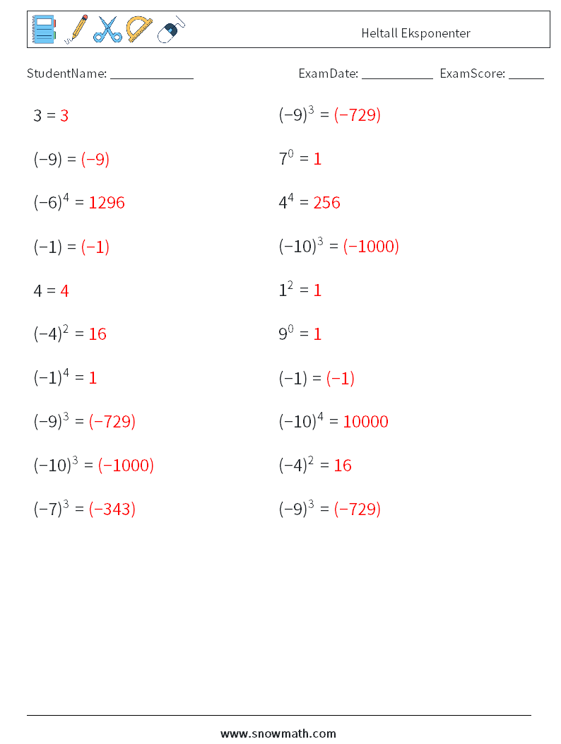 Heltall Eksponenter MathWorksheets 6 QuestionAnswer