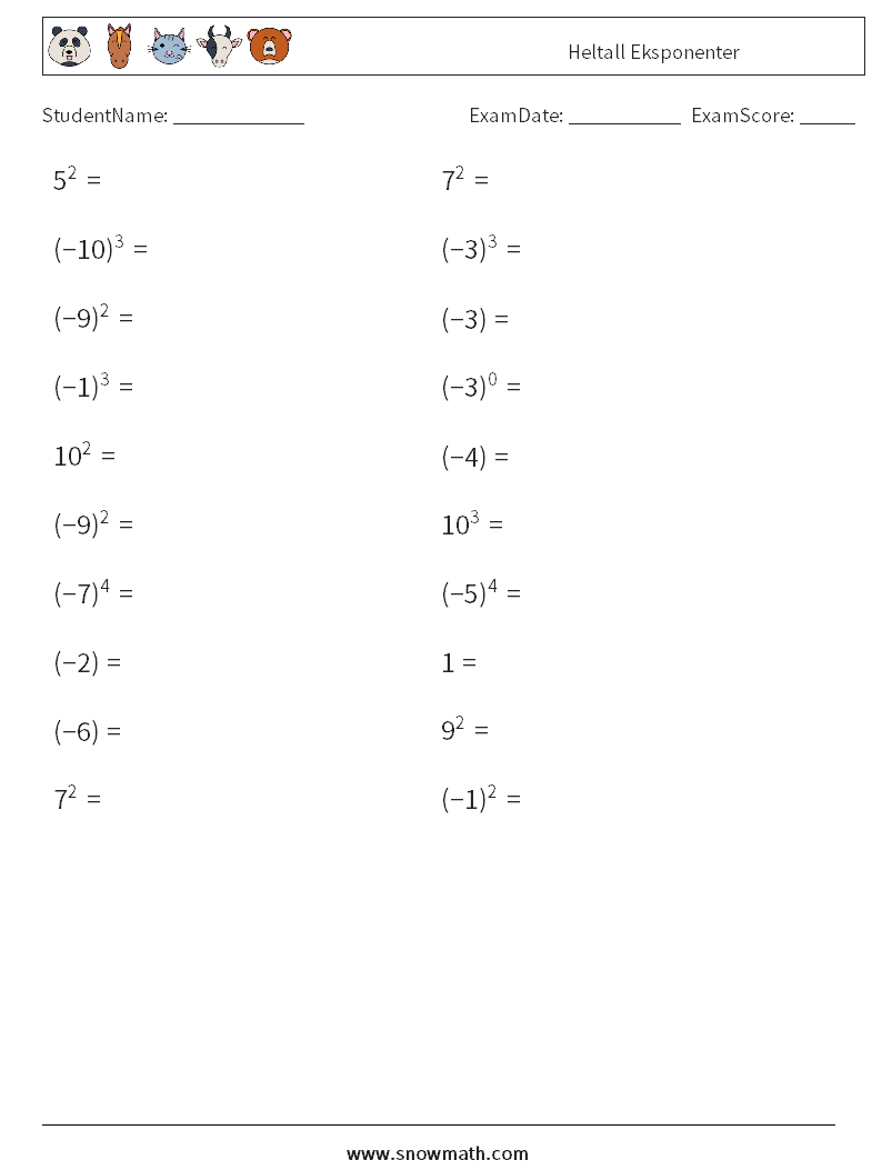 Heltall Eksponenter MathWorksheets 7