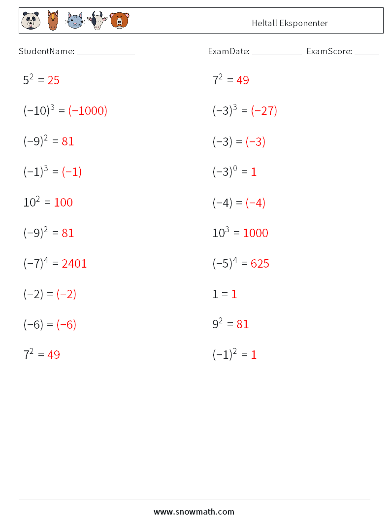 Heltall Eksponenter MathWorksheets 7 QuestionAnswer