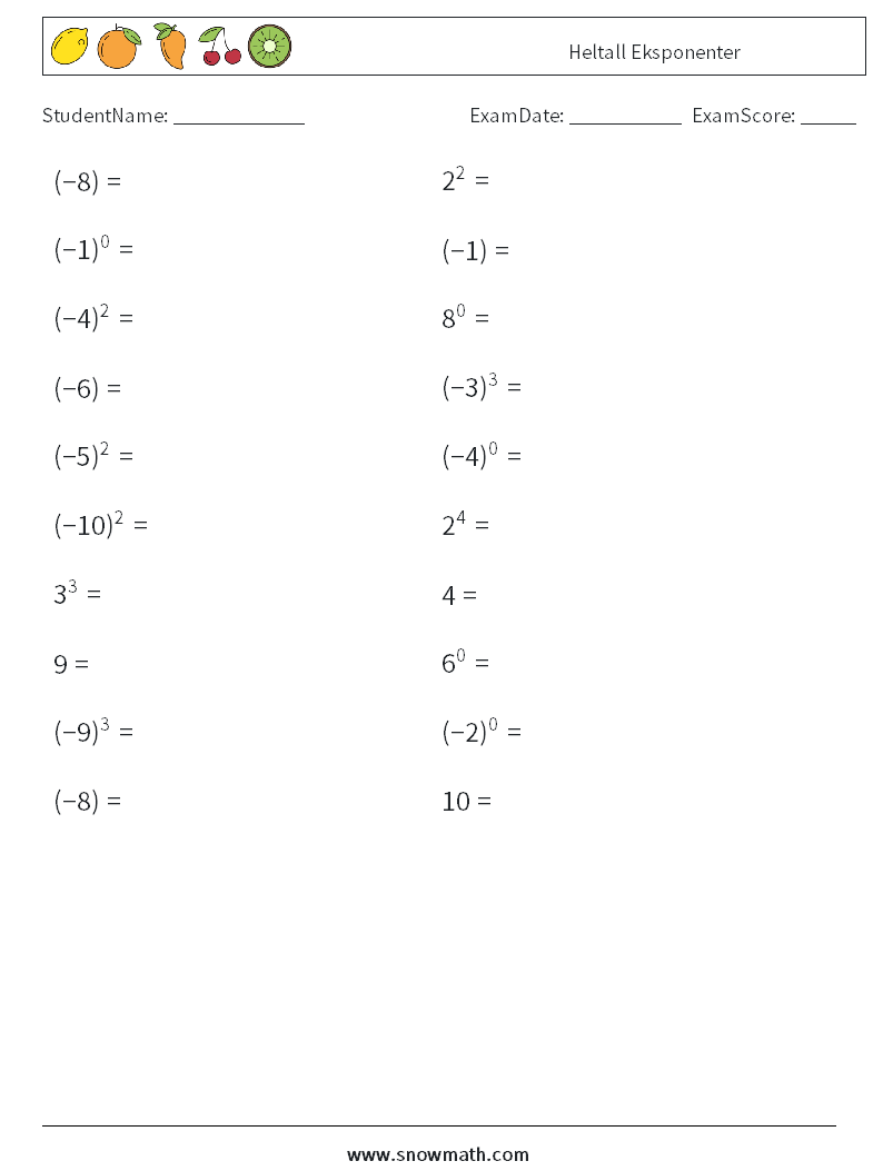 Heltall Eksponenter MathWorksheets 8