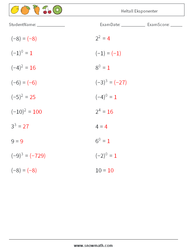 Heltall Eksponenter MathWorksheets 8 QuestionAnswer