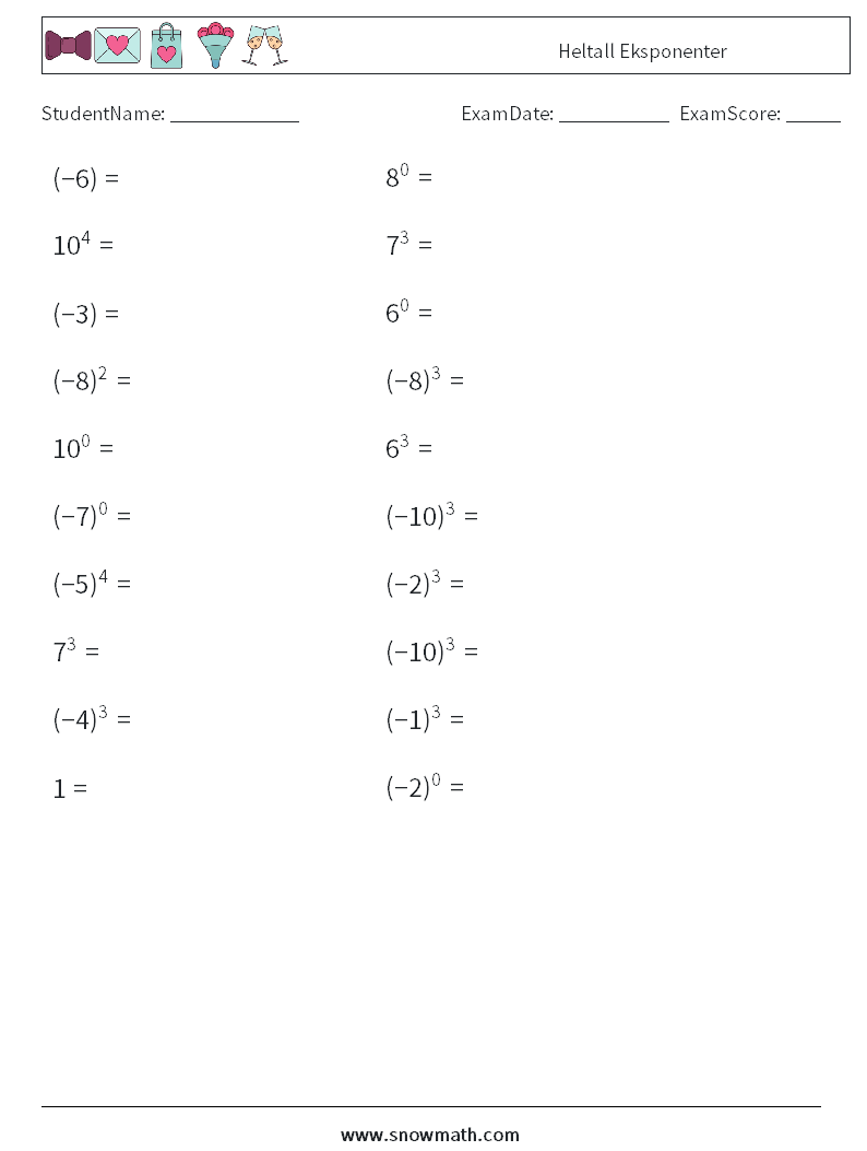 Heltall Eksponenter MathWorksheets 9