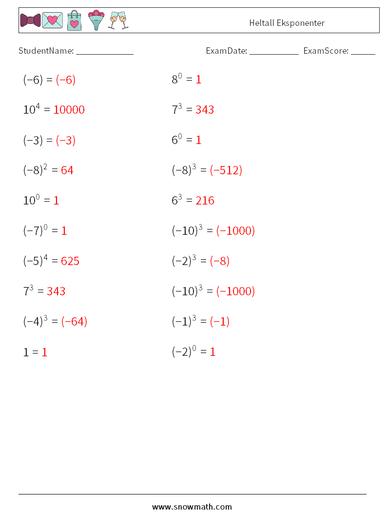 Heltall Eksponenter MathWorksheets 9 QuestionAnswer