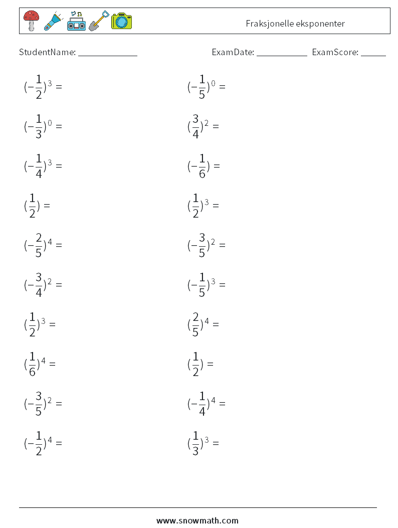 Fraksjonelle eksponenter MathWorksheets 1